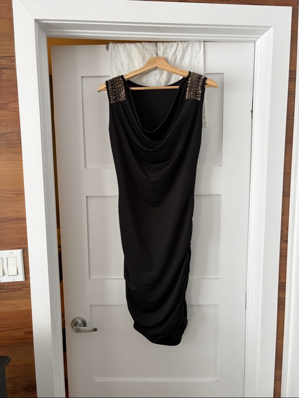 Beaded Shoulder Black Midi Dress with Draped Neckline